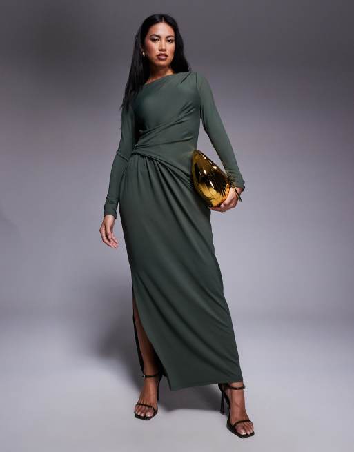 ASOS DESIGN – Sukienka maxi z miękkiego materiału w kolorze khaki z długimi rękawami i drapowaniem