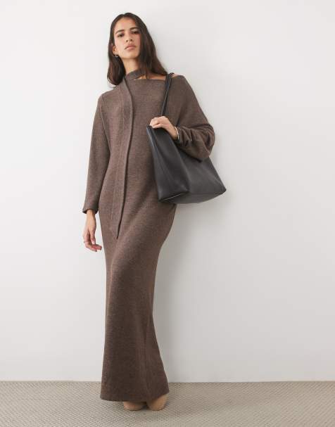 ASOS DESIGN sukienka maxi z odkrytymi ramionami i detalem szalika w kolorze czekoladowym - view 1