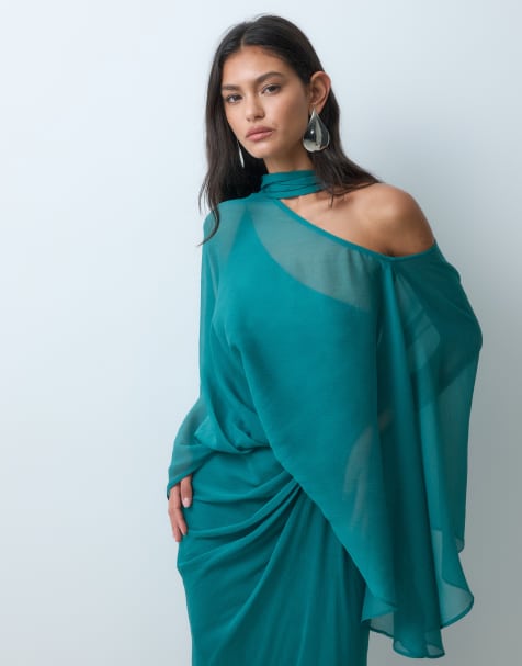 ASOS DESIGN sukienka maxi z odkrytymi ramionami, szyfonową peleryną i szalem w kolorze teal green - view 1
