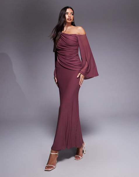 ASOS DESIGN – Sukienka maxi z odsłoniętym ramieniem, szerokim rękawem i drapowaniem w zgaszonym różowym kolorze - view 1