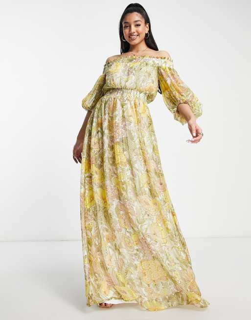 ASOS DESIGN – Sukienka maxi z odsłoniętymi ramionami i obszernymi rękawami z obcisłym mankietem we wzór w kwiatową łączkę