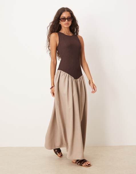 ASOS DESIGN racer rib bodice with hybrid skirt maxi dress in brown