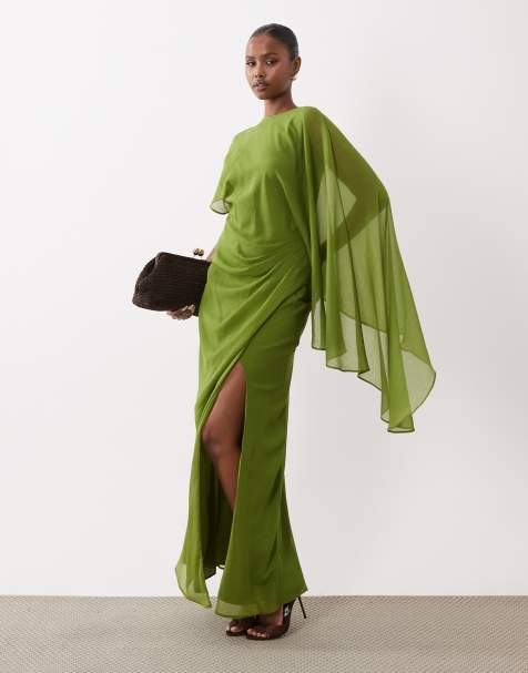 ASOS DESIGN sukienka maxi z rękawami typu cape, krojem ze skosu i drapowaniem, z odkrytymi plecami w kolorze oliwkowym - view 1