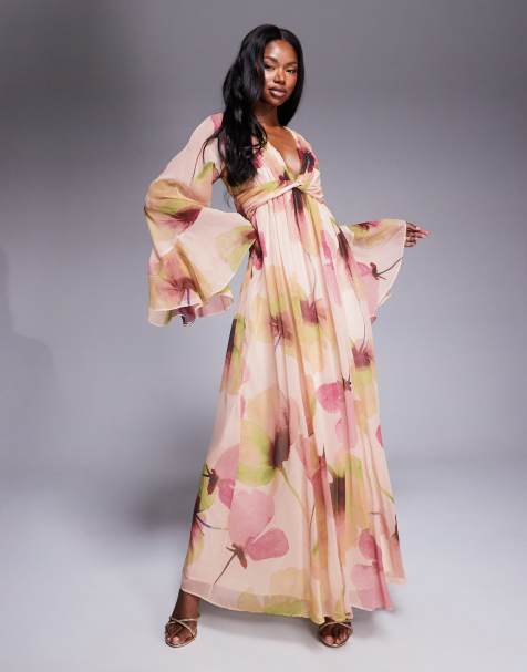 ASOS DESIGN fluted sleeve twist front maxi with plunge neckline in pink floral print