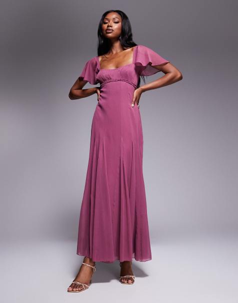 ASOS DESIGN ruched bust flutter sleeve midaxi dress with godets in orchid 