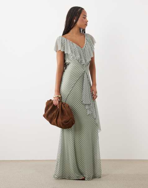 ASOS DESIGN sukienka maxi z siateczki we wzór, z falbanami i odkrytymi plecami, niebiesko-brązowa w groszki - view 1