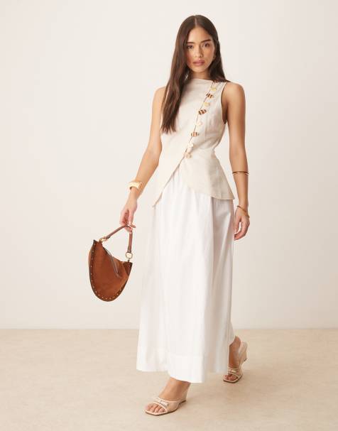 ASOS DESIGN linen look waistcoat maxi dress with poplin skirt in stone and white
