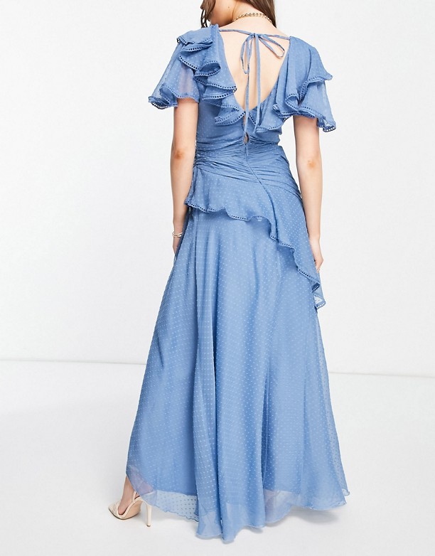  Na Sprzedaż ASOS DESIGN – Sukienka maxi z szyfonu dobby z drapowanym detalem i wiązaniem Niebieski