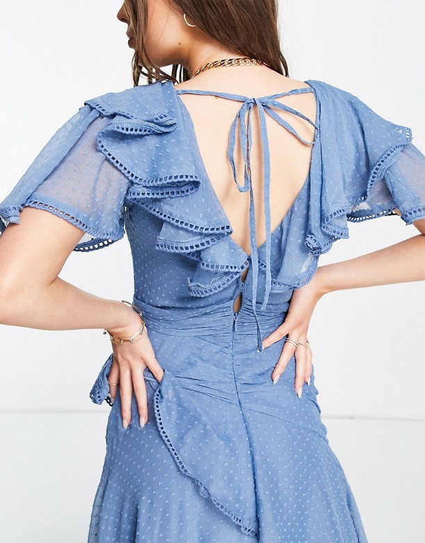  Na Sprzedaż ASOS DESIGN – Sukienka maxi z szyfonu dobby z drapowanym detalem i wiązaniem Niebieski