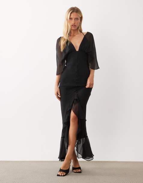 ASOS DESIGN sukienka maxi z ukośnym dołem, z odkrytymi ramionami, czarna - view 1