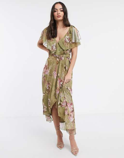 ASOS DESIGN – Sukienka maxi z wiązaniem na ramionach, rozcięciem na rękawach, obniżonym dołem i pelerynką z tyłu, model w kwiatowy wzór retro