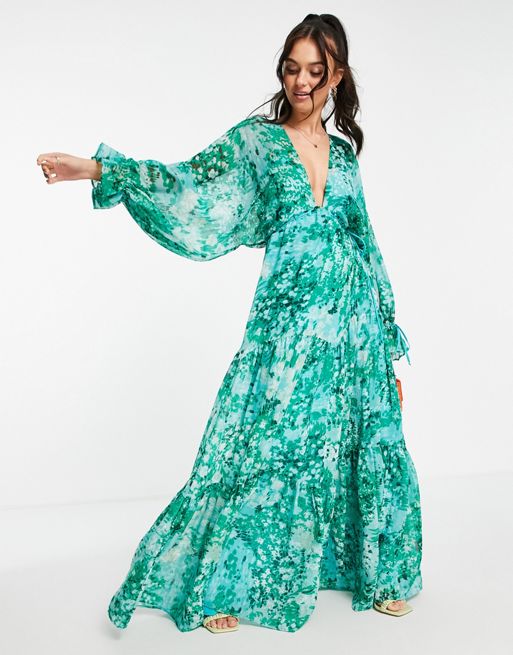 ASOS DESIGN – Sukienka maxi z wiązaniem w talii i nadrukiem w rozmyte  kwiaty | ASOS