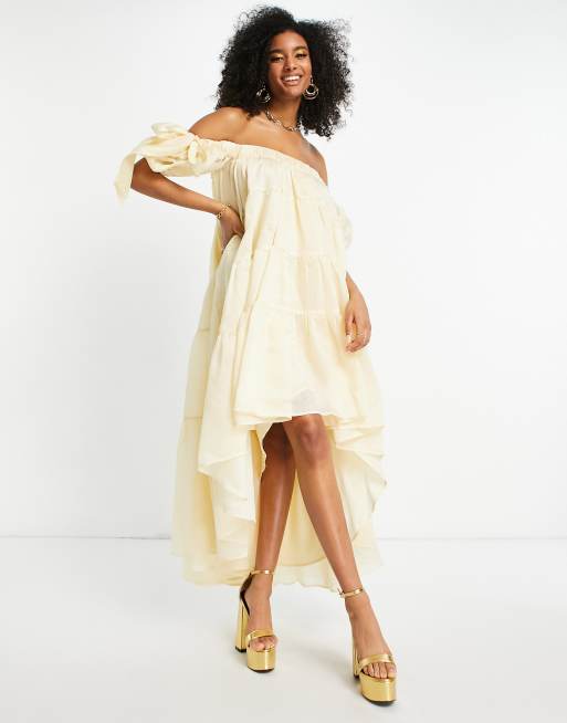 ASOS DESIGN – Sukienka maxi z woalu z odsłoniętymi ramionami w kolorze ecru