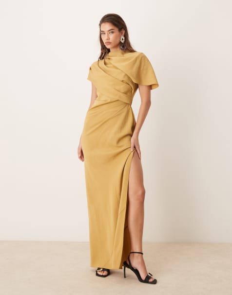 ASOS DESIGN  high neck drape bodice cape maxi dress in ochre