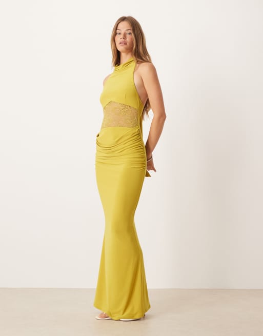 ASOS DESIGN – Sukienka maxi z zabudowanym dekoltem typu halter i koronkową wstawką w cytrusowym kolorze