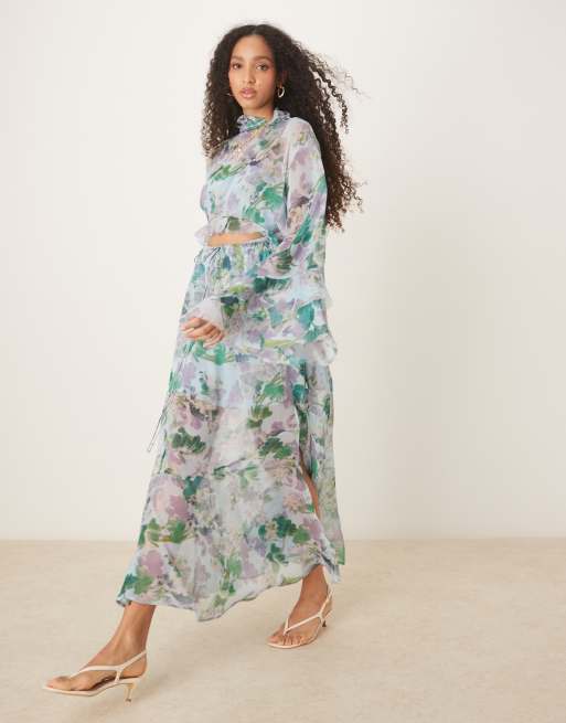 ASOS DESIGN – Sukienka maxi z zabudowanym dekoltem, wycięciami i falbankami przy rękawach w kwiatowy wzór