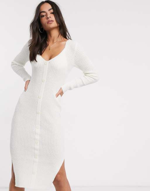 ASOS DESIGN – Sukienka maxi zapinana na guziki z dekoltem w kształcie litery V w kolorze naturalnej przędzy