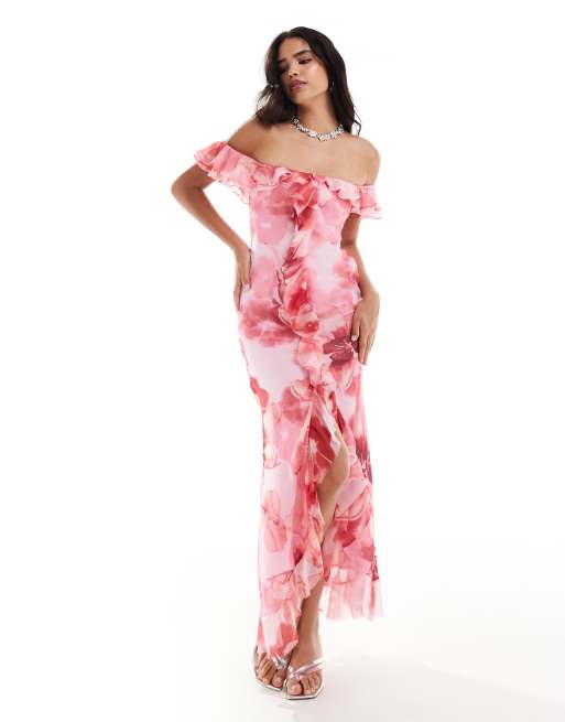 ASOS DESIGN – Sukienka maxi ze skosu z dekoltem bardot, falbanką i kwiatowym wzorem