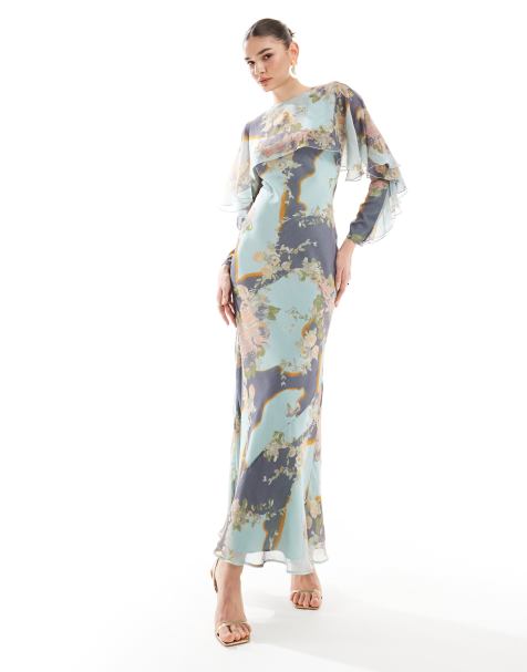ASOS DESIGN – Sukienka maxi ze skosu z długimi rękawami, falbanką i pelerynką w kwiatowy wzór - view 1