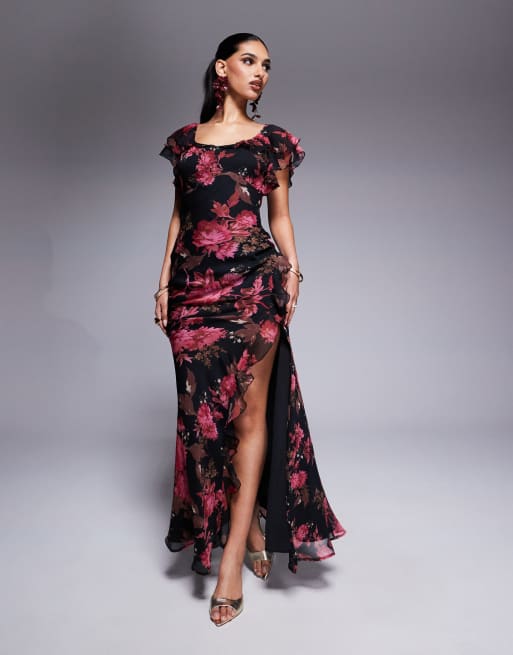 ASOS DESIGN – Sukienka maxi ze zwiewnymi rękawami z falbankami i rozcięciem z boku w różowy kwiatowy wzór