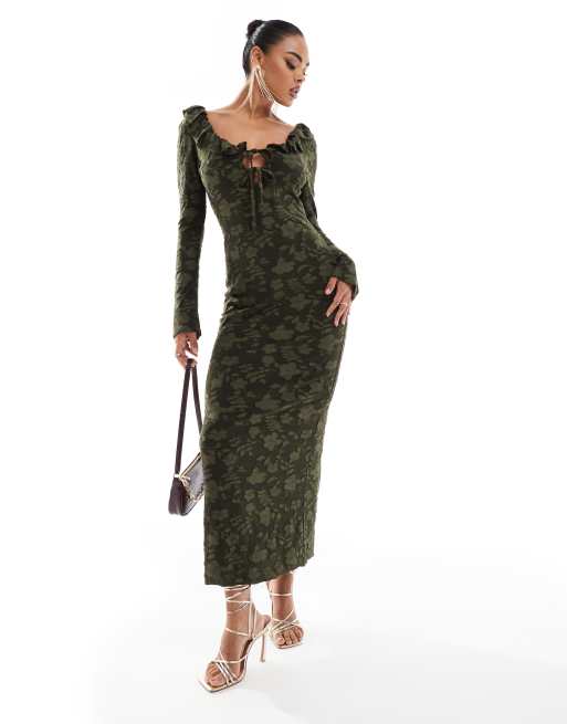 ASOS DESIGN – Sukienka midaxi z długim rękawem i falbanką z koronki ze wzorem devore w kolorze khaki