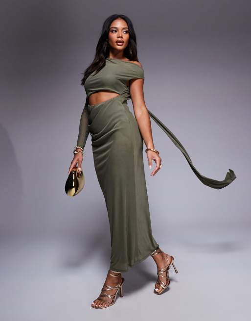 ASOS DESIGN – Sukienka midaxi z odkrytymi plecami, jednym rękawem, szalem i siateczkowymi wstawkami w kolorze khaki