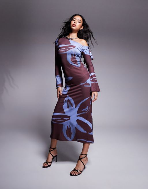 ASOS DESIGN – Sukienka midaxi z odsłoniętym ramieniem z wiązaniem i rozmytym kwiatowym wzorem
