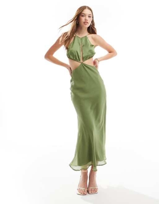 ASOS DESIGN – Sukienka midaxi z wycięciem i satynową górą z dekoltem typu halter w kolorze khaki