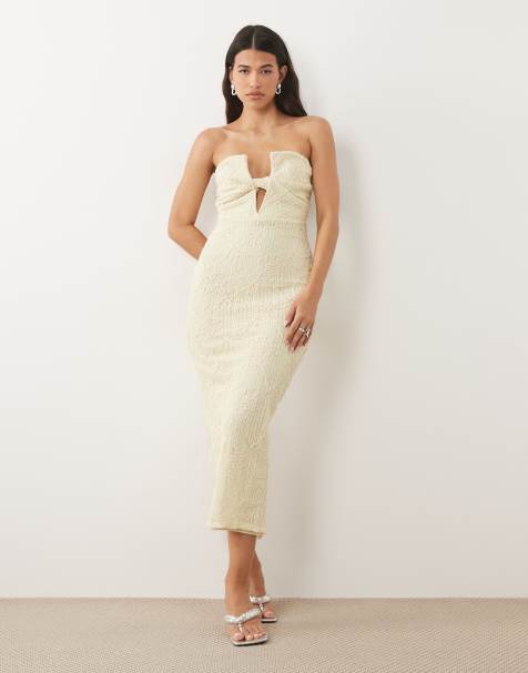 ASOS DESIGN sukienka midi bandeau szydełkowana z haftem w kolorze cytrynowym - view 1