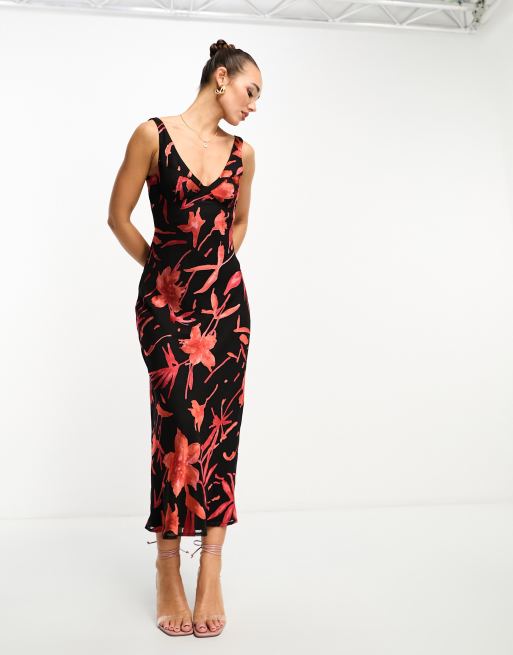 ASOS DESIGN – Sukienka midi bez rękawów z głębokim dekoltem i przeszyciami na biuście w kwiatowy wzór