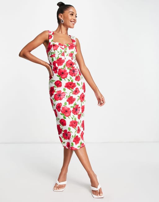 ASOS DESIGN – Sukienka midi bodycon we wzór w kwiaty, z marszczeniami i dekoltem w kształcie serca