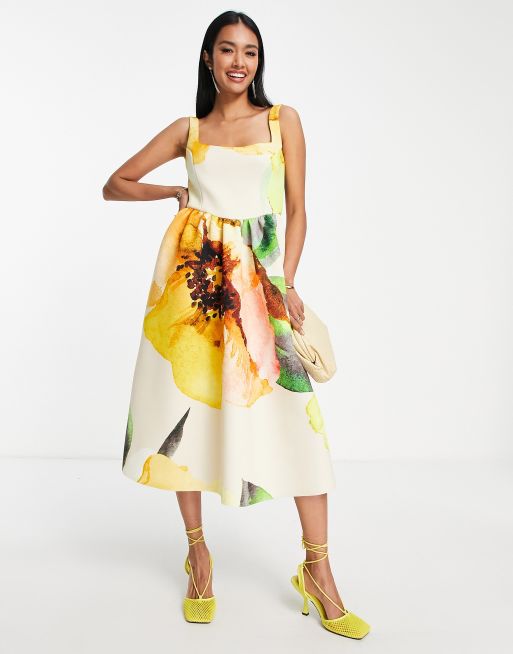 ASOS DESIGN – Sukienka midi na bal maturalny z kwadratowym dekoltem w kwiatowy wzór