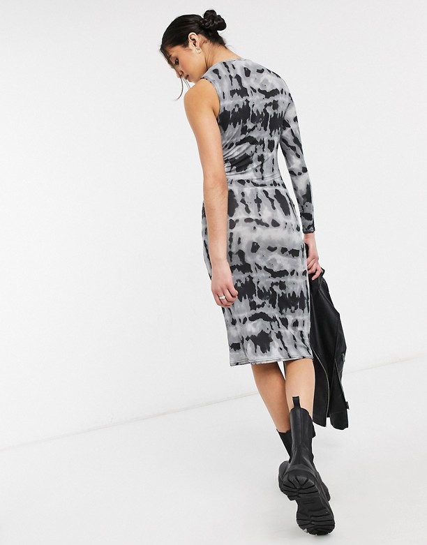 ASOS DESIGN – Sukienka midi na jedno ramię z długim rękawem i efektem tie-dye Wielokolorowy Naprawdę 