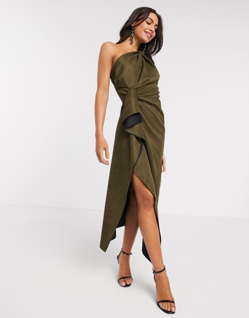 ASOS DESIGN – Sukienka midi na jedno ramię z zamszopodobnego materiału w kolorze khaki z ozdobnym drapowanym detalem i węzełkiem