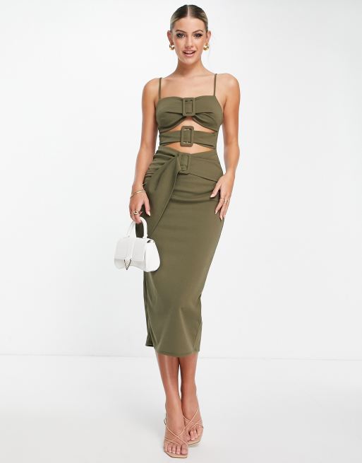 ASOS DESIGN – Sukienka midi na ramiączkach w kolorze khaki z trzema paskami