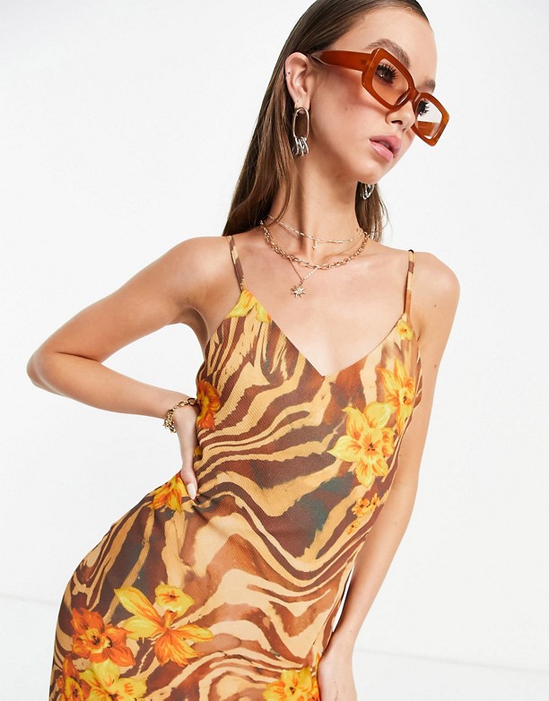 ASOS DESIGN – Sukienka midi na ramiączkach w tropikalny wzÓr Brązowy tropikalny wzÓr Dobry 