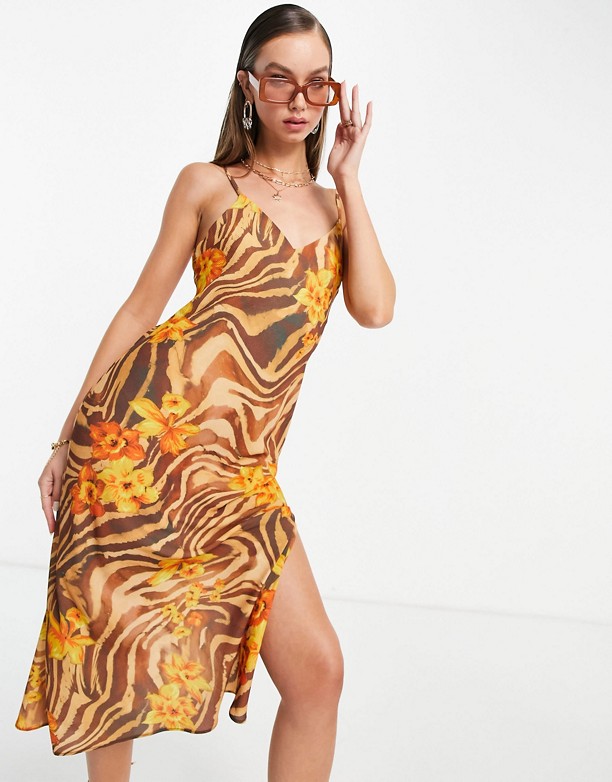 ASOS DESIGN – Sukienka midi na ramiączkach w tropikalny wzÓr Brązowy tropikalny wzÓr Dobry 