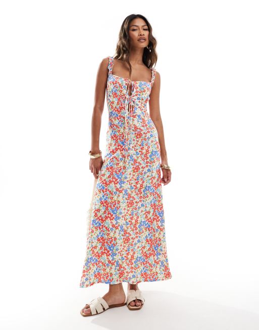 ASOS DESIGN – Sukienka midi na ramiączkach z falbanką w drobny kwiatowy wzór