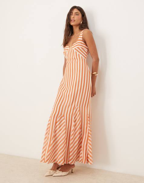 ASOS DESIGN – Sukienka midi na ramiączkach z godetami i dzielonym wzorem w rdzawopomarańczowe paski - view 1