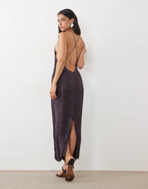 ASOS DESIGN sukienka midi na ramiączkach z wysokim dekoltem i frędzlami w kolorze aubergine - view 1