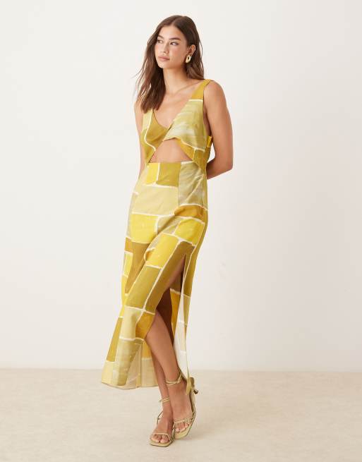 ASOS DESIGN – Sukienka midi na ramiączkach ze skręconym przodem i wycięciem w abstrakcyjny wzór