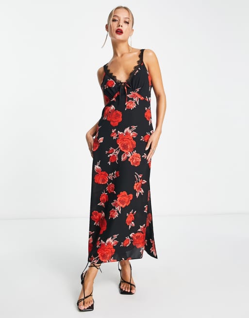 ASOS DESIGN – Sukienka midi na ramiączkach ze wzorem róż i koronkowymi wstawkami