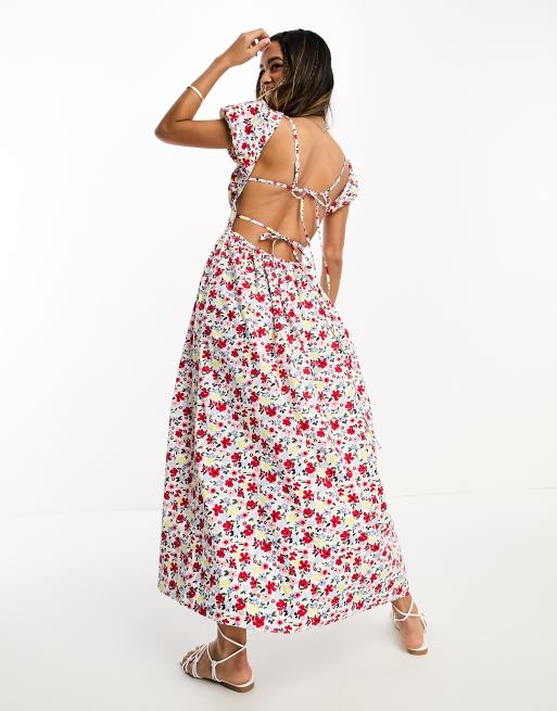 ASOS DESIGN – Sukienka midi typu milkmaid w kwiatowy wzór z marszczoną górą i odkrytymi plecami z wiązaniami