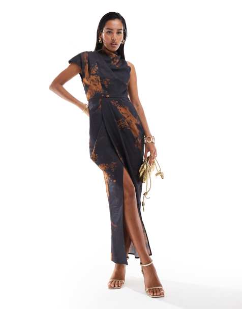 ASOS DESIGN – Sukienka midi w abstrakcyjny kwiatowy wzór z drapowaniem na jedno ramię - view 1