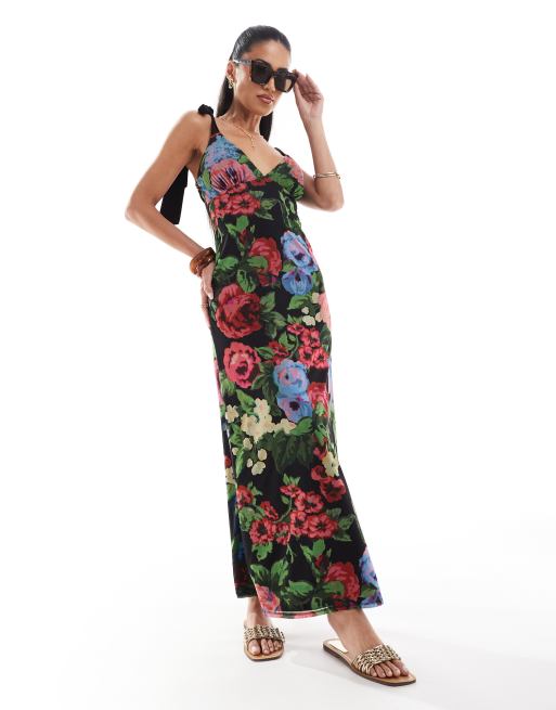 ASOS DESIGN – Sukienka midi w gobelinowy kwiatowy wzór z ramiączkami wiązanymi na kokardki