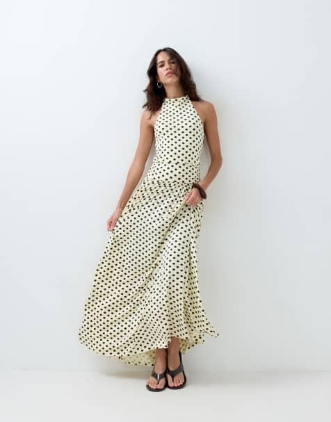 ASOS DESIGN sukienka midi w groszki z golfem i obniżoną talią w kolorze cytrynowym i brązowym - view 1