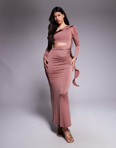 ASOS DESIGN long sleeve structured ruffle midi dress with cut out detail in chestnut