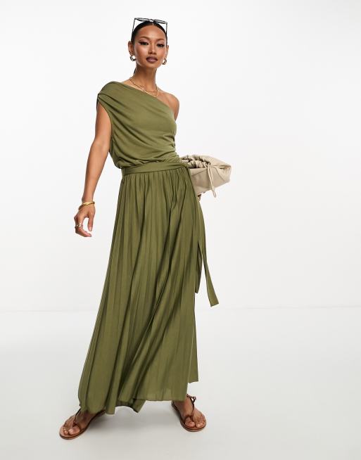 ASOS DESIGN – Sukienka midi w kolorze khaki z odkrytym ramieniem i dołem z zakładkami