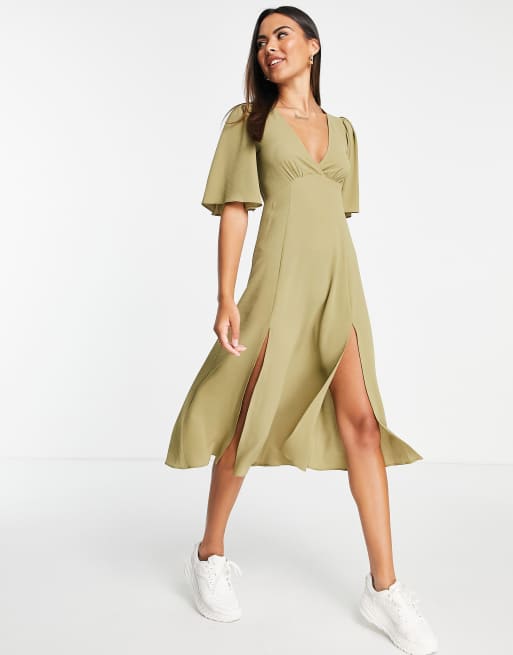 ASOS DESIGN – Sukienka midi w kolorze khaki ze zwiewnymi rękawami | ASOS