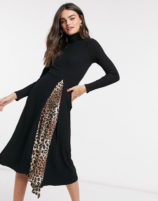 ASOS DESIGN – Sukienka midi w panterkę z wysokim dekoltem i rozcięciem BLACK Najlepsza 